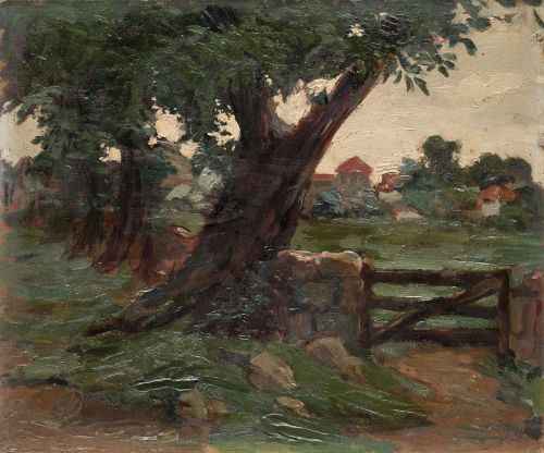 VICENTE DIAZ GONZALEZ , "Paisaje con árbol y cerca", Óleo s