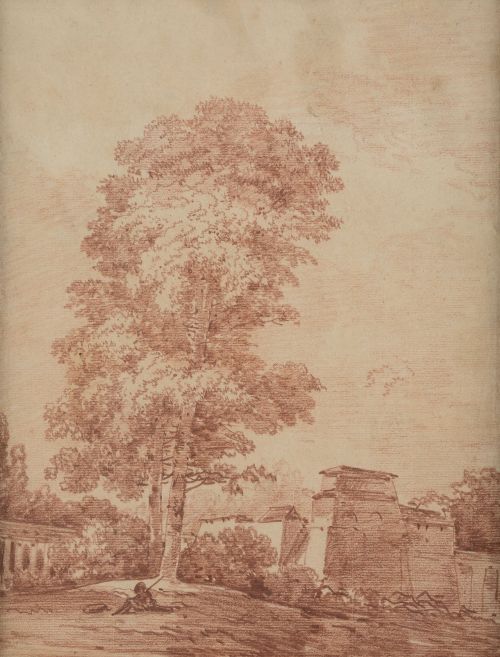 ESCUELA FRANCESA, "Paisaje", Pastel sanguina sobre papel 