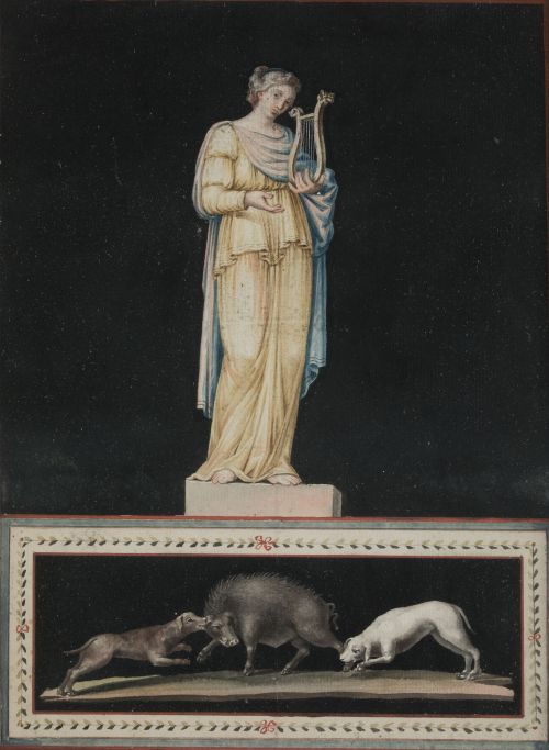 ANÓNIMO, "Alegoría de las artes", Tres gouaches sobre papel