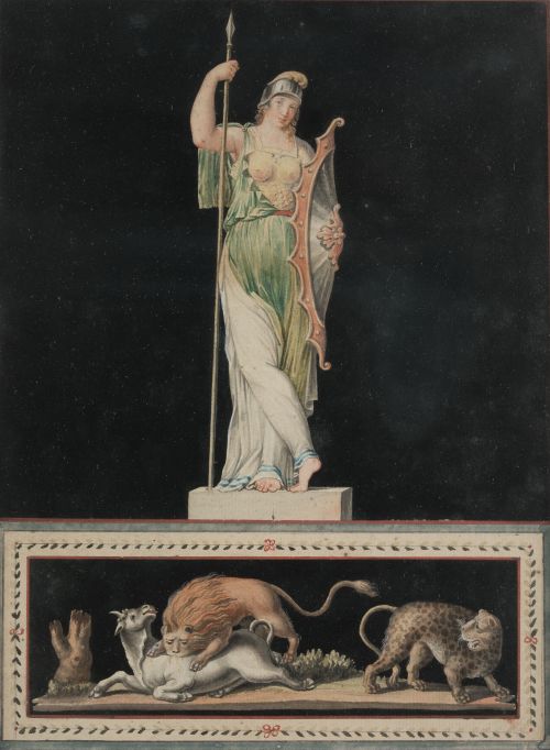 ANÓNIMO, "Alegoría de las artes", Tres gouaches sobre papel