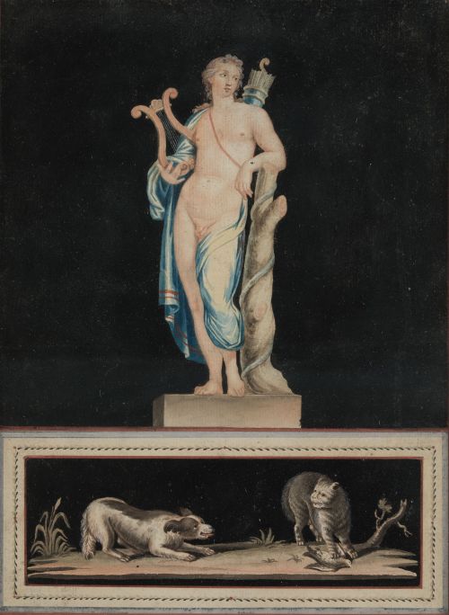 ANÓNIMO, "Alegoría de las artes", Tres gouaches sobre papel