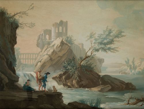 ESCUELA FRANCESA, "Pescadores en paisaje con arquitectura",