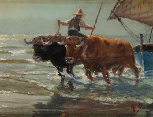 RAFAEL FORNS ROMANS, "Bueyes arrastrando barca de pesca", Ó