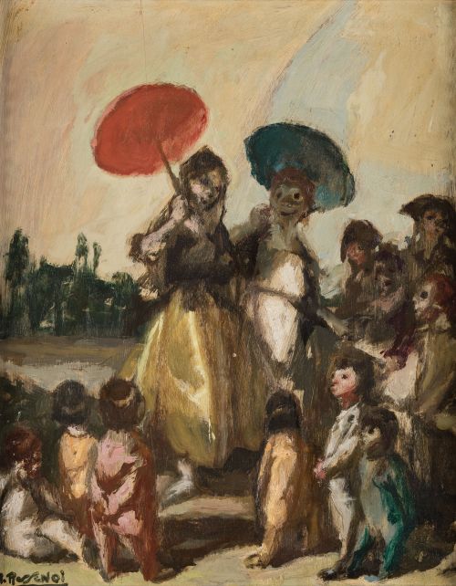 BALDOMERO ROMERO RESSENDI, "Escena goyesca", Óleo sobre tab