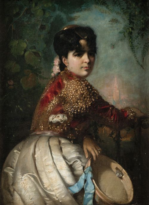 RAFAEL  BENJUMEA, "Goyesca con la Giralda al fondo", Óleo s