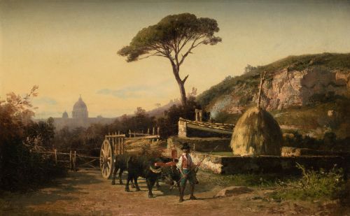 JOSÉ TAPIRO Y BARO, "Campesino con carro y bueyes", Óleo so