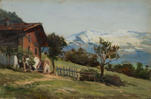  ESCUELA ESPAÑOLA, "Paisaje de montaña", Óleo sobre tabla