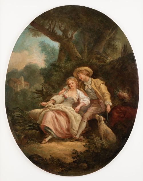 ESCUELA FRANCESA, "Escena galante", Óleo sobre lienzo pegad