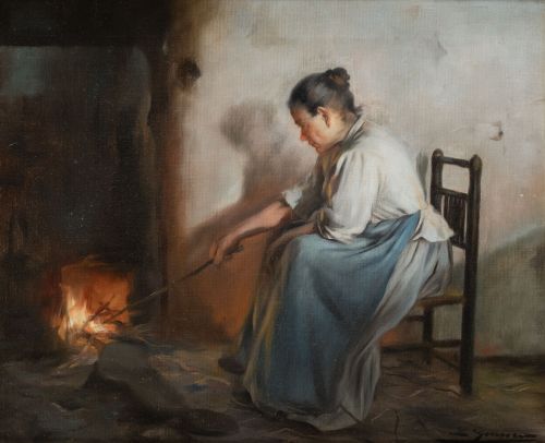 LUIS  GRANER ARRUFI, "Dama en la chimenea", Óleo sobre lien