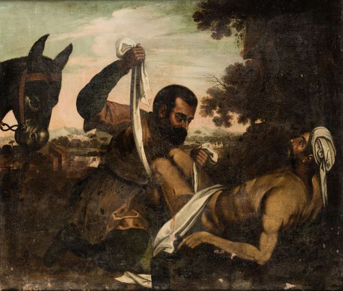 ESCUELA ESPAÑOLA, "El buen samaritano", Óleo sobre lienzo