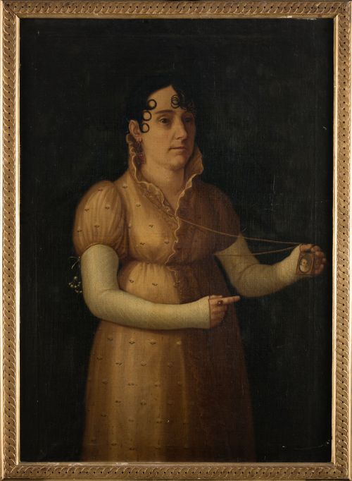 ESCUELA ESPAÑOLA , "Retrato de dama con miniatura", Óleo so