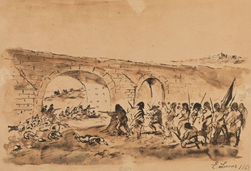 EUGENIO LUCAS VELÁZQUEZ, "Batalla", 1861, Tinta y aguada so