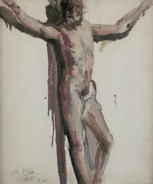 JAVIER CLAVO, "Crucifixión", 1970, Óleo y grafito sobre tab
