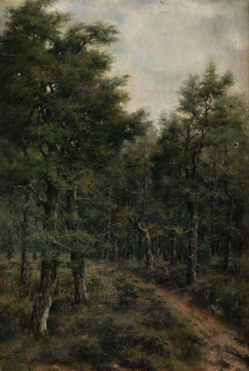 MANUEL SALCES, "Paisaje arbolado con camino", Óleo sobre li