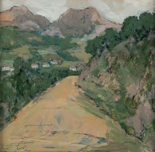 ESCUELA ESPAÑOLA, "Camino arbolado", Técnica mixta sobre p