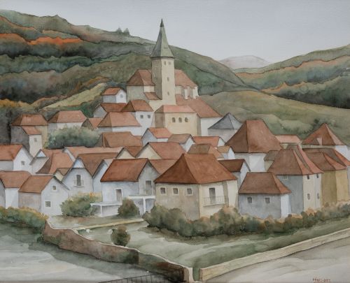 JOSE LUIS PEREZ DIEZ, "Pueblo", Acuarela sobre papel