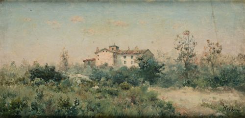 JOSÉ FRANCO CORDERO, "Paisaje con casa", Óleo sobre lienzo