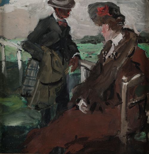 ROBERTO DOMINGO Y FALLOLA, "Pareja en exterior", Gouache so