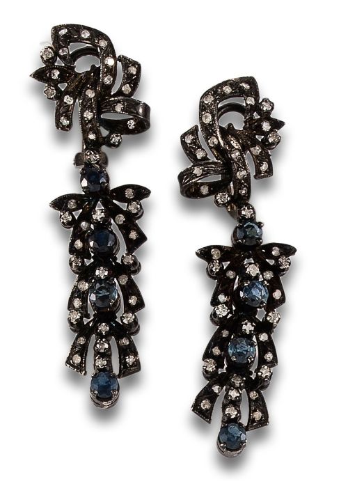 LONG LEAF EARRINGS WITH DIAMOND AND SAPPHIRE SET IN PALLADI