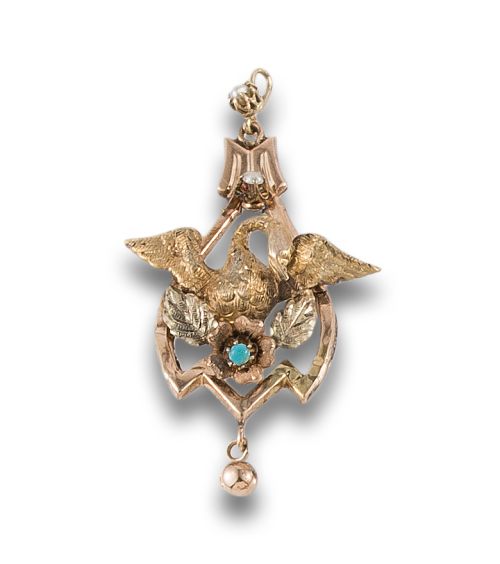 ANTIQUE GOLD, PEARL AND TURQUOISE SWAN PENDANT