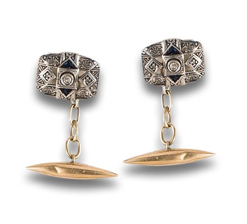 GEMELOS, ESTILO ART DÉCO, DE DIAMANTES Y ZAFIROS, EN ORO Y