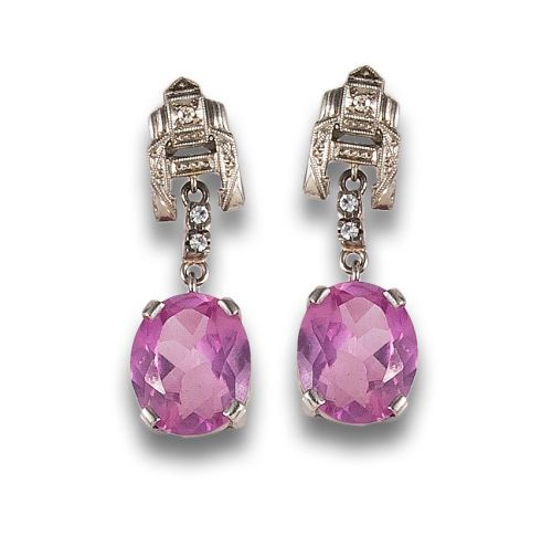 PENDIENTES LARGOS, ESTILO ART DÉCO, DE DIAMANTES Y ROSA DE