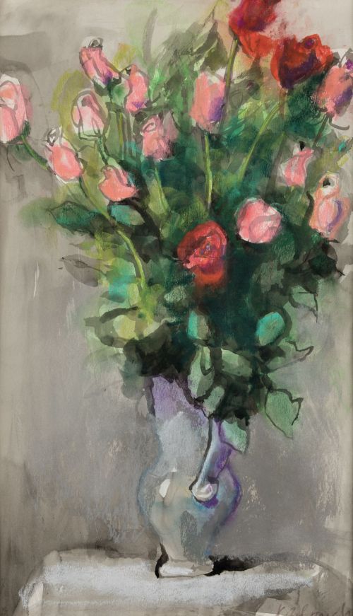 XAVIER BLANCH PLA, "Jarra con rosas", Técnica mixta sobre p