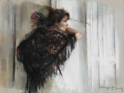 CAYETANO DE ARQUER BUIGAS, "Mujer con mantón", 1990, Pastel