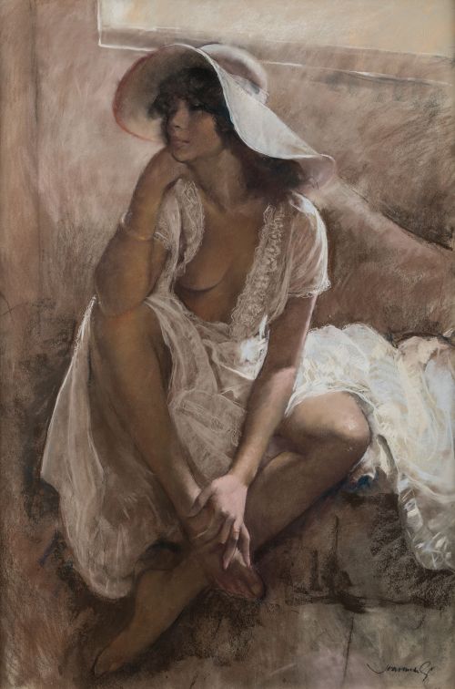 JOAN MARTI ARAGONES, "Joven con sombrero", Pastel sobre pap