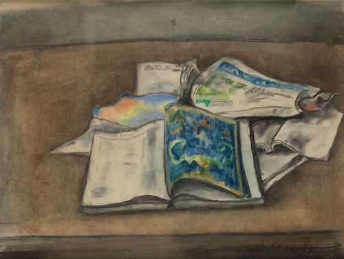 XAVIER BLANCH PLA, "Bodegón con periódicos y libros", Técni