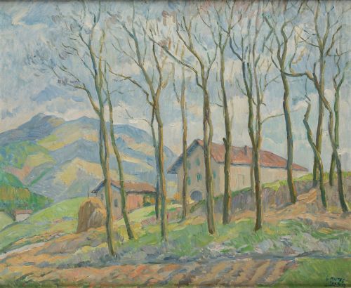 GASPAR MONTES ITURRIOZ, "Paisaje con Caserío, Irún", Óleo s