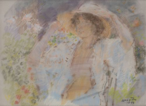 JULIÁN GRAU SANTOS, "Mujer con sombrero en un jardín", 1984