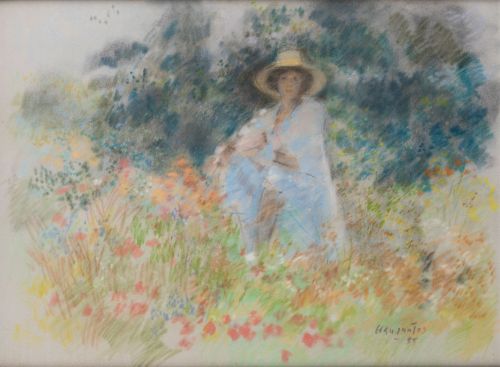 JULIÁN GRAU SANTOS, "Mujer de blanco en un jardín", 1985, P
