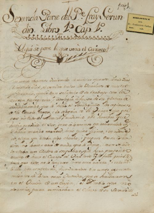 Manuscrito. "Segunda parte del Padre Fray Ferundio. Libro 1