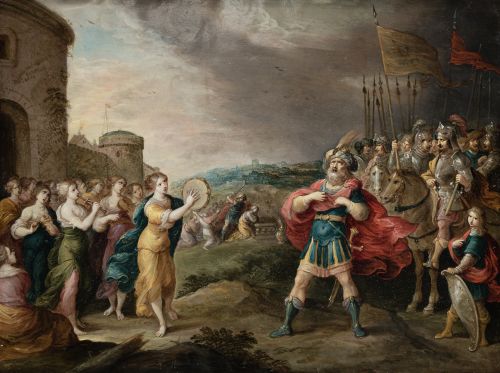 FRANS FRANCKEN II, "Sacrificio de la hija de Jefté", Óleo s