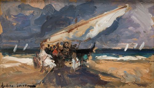 ANDREU SERRA, "Barca y pescadores en la playa", Óleo sobre