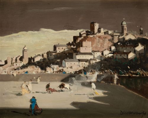 RAFAEL DURANCAMPS, "Corrida de toros", Óleo sobre táblex