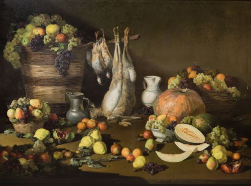 ARMANDO MIRAVALLS BOVE, "Bodegón cocina con caza y frutas"