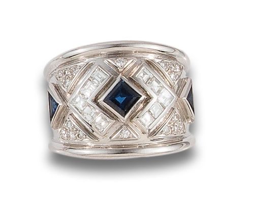 ANCHA SORTIJA EN ORO CON ZAFIROS Y DIAMANTES