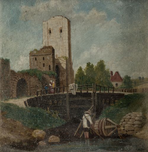 ESCUELA CENTROEUROPEA, "Paisaje con una aldea y campesinos"