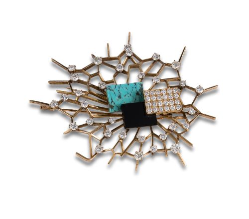 1970s GOLD BROOCH WITH DIAMONDS, TURQUOISE AND ONYX
