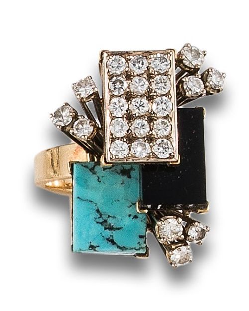 SORTIJA AÑOS 70 EN ORO CON TURQUESA, ÓNIX Y DIAMANTE