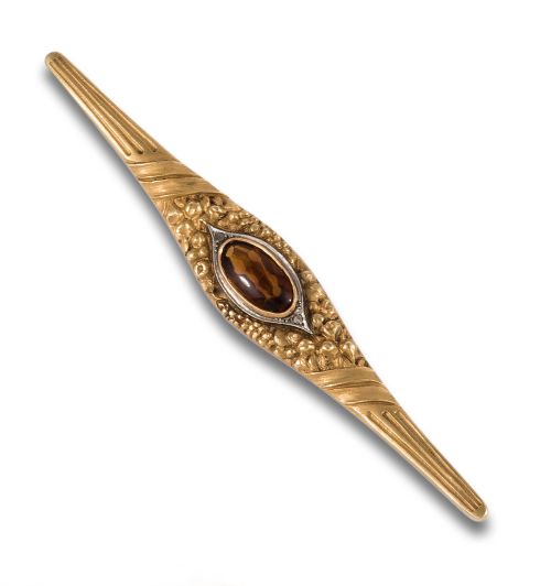 ALFILER EN ORO AMARILLO CON CABUJÓN DE VIDRIO NARANJA