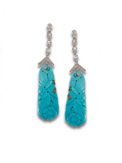 LONG DIAMONDS AND TURQUOISE EARRINGS, IN WHITE GOLD
