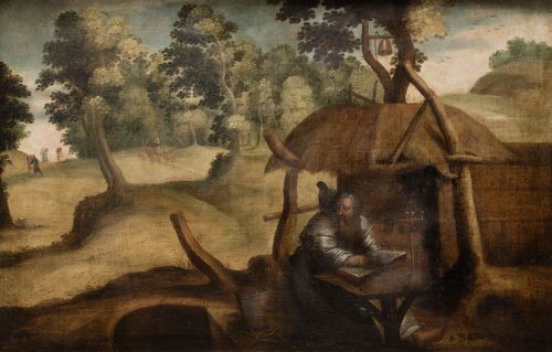 ESCUELA FLAMENCA, "San Theonas ermitaño", Óleo sobre lienzo