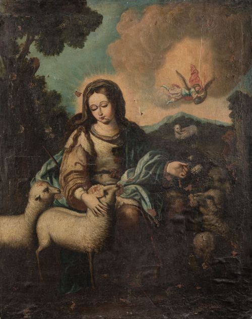 ESCUELA SEVILLANA, "La Divina Pastora", Óleo sobre lienzo