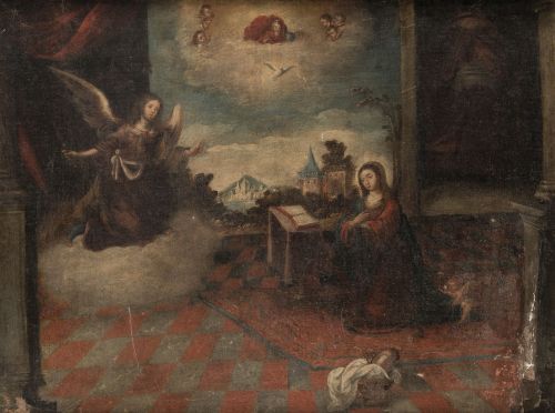 ESCUELA SEVILLANA, "La Anunciación", Óleo sobre lienzo.