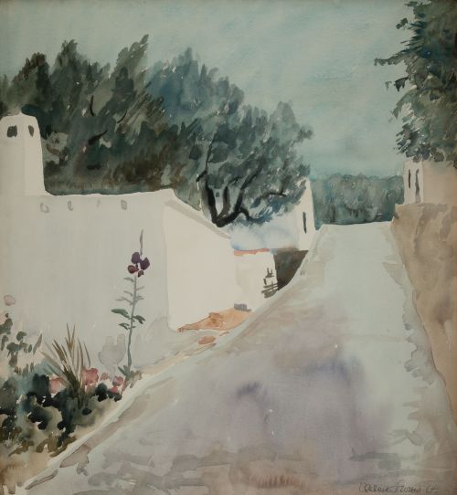 ESCUELA ESPAÑOLA, "Paisaje balear", 1961, Acuarela y grafit