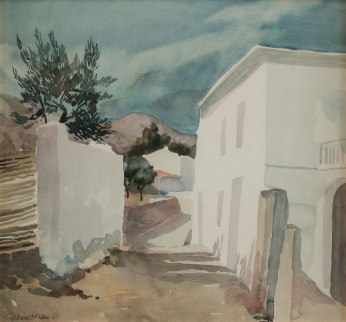 ESCUELA ESPAÑOLA, "Paisaje balear", 1964, Acuarela y grafi