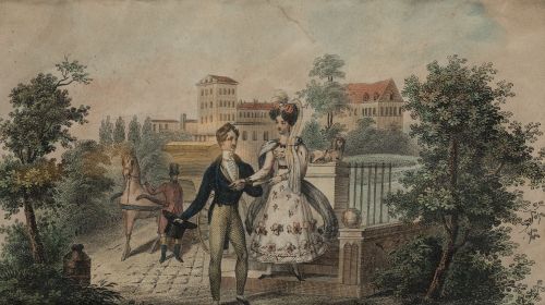 ESCUELA FRANCESA, "Pareja galante", Litografía coloreada
